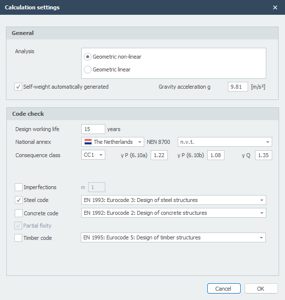 Calculation settings dialog