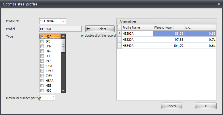 Optimize steel dialog