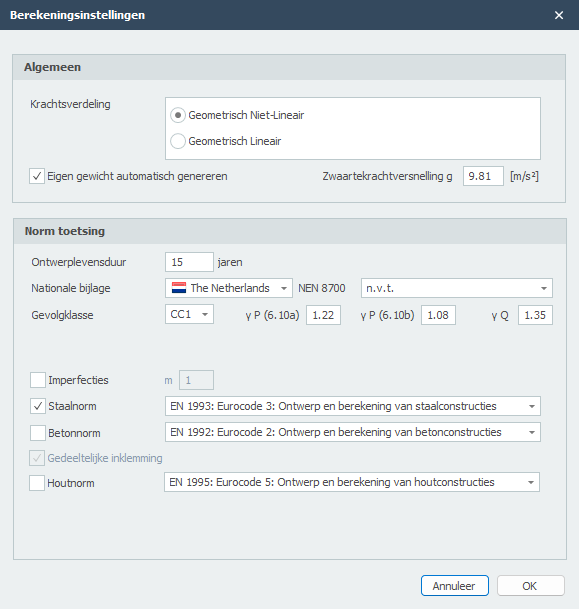 Calculation settings dialog